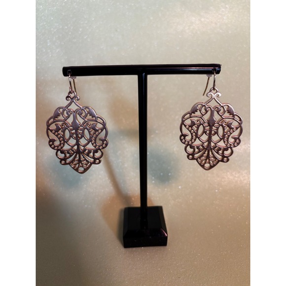 Jewelry - Rose Gold Tone Filigree Drop Earrings Moroccan Scroll Openwork Dangle Statement